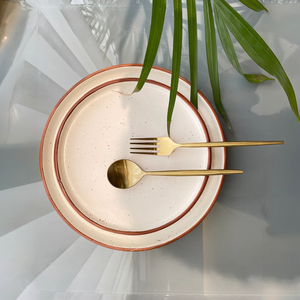 Ensemble d'assiettes minimalistes en céramique mouchetée avec bordure terreux et finition mate, résistantes aux éclats, parfaites pour les tables modernes - Product Image 1