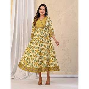 Vestido Largo Estampado Jaal de Algodón Amarillo Crema, Elegante, Talla Única XS, con Mangas Abullonadas, para Fiestas de Cumpleaños, Oficina, Trabajo, Club, Uso Diario - Product Image 6