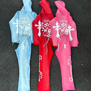 Chándales de algodón OEM, Sudadera con capucha, pantalón de retazos, chándal para hombre, joggers apilados, conjuntos de Jogger de dos piezas para hombre acampanados - Product Image 5