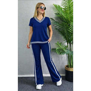 Ensemble deux pièces pour femme, chemisier à manches courtes et col en V en viscose à deux fils et pantalon, 36669 - Bleu Saks - Product Image 1