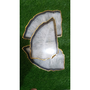 Bandeja de piedra de ágata de sal de cuarzo natural al por mayor, artesanías de cristal blanco hechas a mano con posavasos de borde dorado, plato para servir - Product Image 4