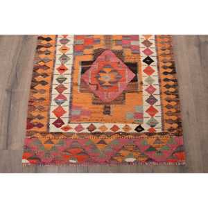 Vintage Turkish <b>Rug</b>, <b>Runner</b> 2.9x9.9 ft (87x302 cm) <b>Rug</b>, Orange Floral Wool <b>Rug</b> - Product Image 2