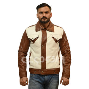 Veste en cuir unisexe de style rétro marron et beige, couleur contrastée, streetwear tendance, vêtement d'extérieur avec fermeture à boutons - Product Image 3