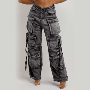 กางเกงยีนส์ทรงตรงสีเทาอ่อนแบบวินเทจ มีกระเป๋าคาร์โก้ สำหรับผู้หญิง เป็นมิตรกับสิ่งแวดล้อม แห้งเร็ว เอวยืดหยุ่น - Product Image 1