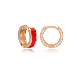 Red Color Enamel Design Clear Zircon Stone <b>Hoop</b> <b>Earrings</b> Turkish Handmade 925 Sterling Silver Jewelry - Product Image 6