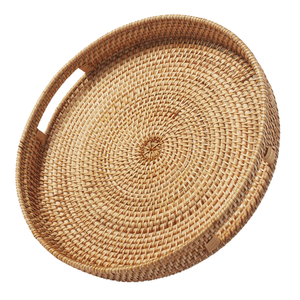 Vietnamese Natural Round <b>Wicker</b> RATTAN <b>BASKET</b> / TRAY with Carry <b>Handles</b> Handmade Rattan Tray for Spa, Bathroom, or Cafe Use - Product Image 1