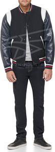 Veste universitaire à logo personnalisé pour hommes, col montant, manches en cuir, broderie, automne, noir, vestes de baseball Letterman pour hommes - Product Image 2