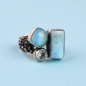 Bagues vintage unisexes en argent sterling 925 avec pierres précieuses Larimar et topaze bleue diamant taille ovale pour les mariages et les fêtes - Product Image 2