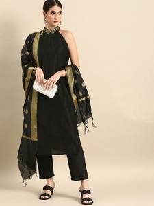 <b>women</b> Black Solid polyester <b>Kurta</b> Trousers with banarsi dupatta Set stylish modern indian pakistani salwaar kameez - Product Image 2