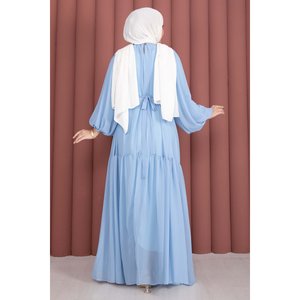 Vestido de Gasa Azul Celeste Modesto con Cinturón con Detalle Fruncido, Cintura Imperio y Silueta en A - Product Image 5