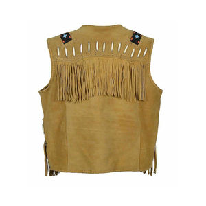 Frangé et perlé fait à la main travail avec des os Western Cowboy hommes américains véritable marron Top qualité en cuir gilets gilet pour hommes - Product Image 6