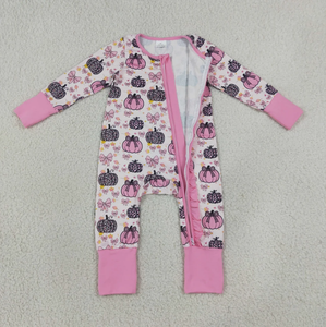Jolie tenue d'automne pour bébés filles, imprimé citrouille, manches longues, fermeture éclair, col rond, volants doux - Product Image 3