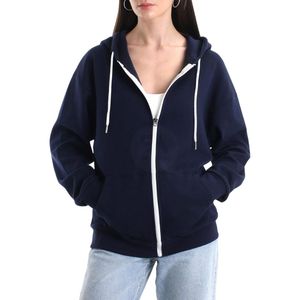 Sudadera con Capucha y Cremallera Completa en Azul Marino Oscuro para Mujer, Sudadera de Forro Polar con Hombros Caídos, Chaqueta Holgada con Capucha, Sudadera con Cremallera Personalizada de Marca - Product Image 1