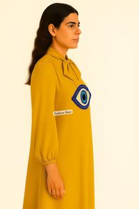 ชุดเดรสผู้หญิงสีเหลืองมัสตาร์ดพร้อมลูกปัดแขนยาวแต่งโบว์ - Product Image 2