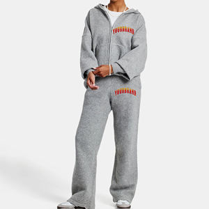 2025 recién llegado dos piezas 100% algodón polar peso pesado Color sólido gota hombro cremallera Sudadera con capucha y chándal Flare Jogger - Product Image 1