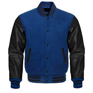 Veste universitaire noire et bleue de luxe sur mesure pour hommes veste universitaire Letterman à manches en cuir pour hommes - Product Image 1