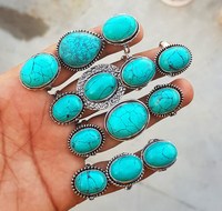 925 Argent Sterling Plaqué Naturel Tibétain Turquoise Gemme En Vrac Lot Ovale Lunette Réglage Cocktail Anneau À La Main Bijoux De Mode