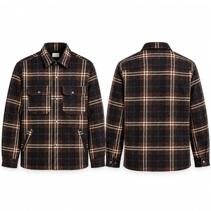 Camisa de franela a cuadros marrón para hombre, manga larga, con botones, informal, con bolsillos en el pecho - Product Image 1