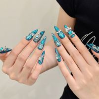 Longs ongles en acrylique amande pré-conçus noir à doré miroitant dégradé gothique Glamour baroque Rose Court