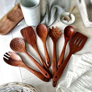 7 Piece Acacia <b>Wooden</b> <b>Kitchen</b> <b>Utensil</b> Set Eco-Friendly Dishwasher Safe Salad Tools Home <b>Kitchen</b> Made in India - Product Image 1