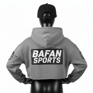 <b>Women</b> Crop <b>Top</b> Hoodie Premium 300 GSM <b>Fleece</b> Fabric Grey Color With Front Heat Transfer Logo and Sleeve Patch Panels - Product Image 2