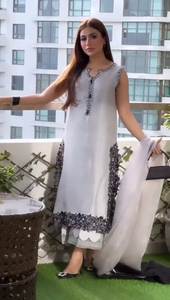 Créateur pakistanais traditionnel entièrement brodé séquence travail prêt à l'emploi Salwar Kameez ensemble Chinon soie Palazzo Sharara pour la fête - Product Image 2