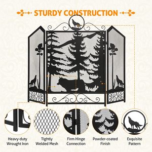 Écran de cheminée debout à 3 panneaux en métal et en maille de fer avec style classique pour la décoration intérieure et extérieure - Product Image 3