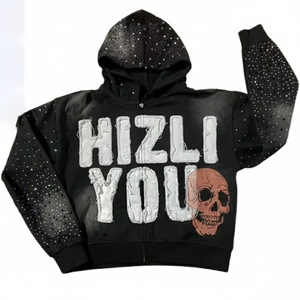 Sudadera con capucha extragrande de invierno de forro polar grueso 100% algodón personalizada con cremallera, lavado ácido, logotipo de diamantes de imitación, alta calidad, que absorbe la humedad - Product Image 1