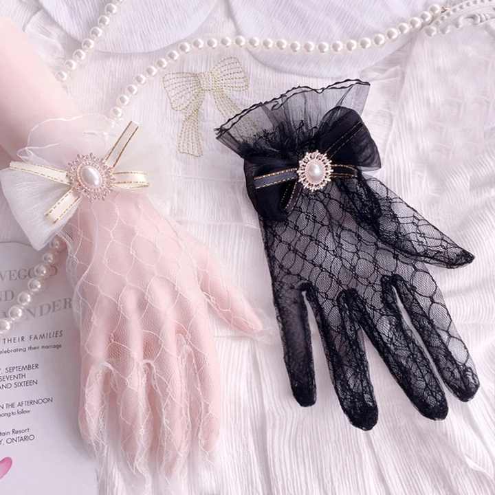 Japanese Soft Girl Black White Lace Gloves Girl Gothic Lolita Mesh Bow Flower Lace Gloves Sweet Wristband Maid Cosplay Jewelry