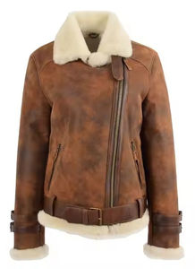 High Quality Vintage Cropped Vegan Leather Jacket for Women Turn Collar Shearling Jacket Lamb Fur Breathable Canva <b>Fabric</b> Adults - Product Image 2