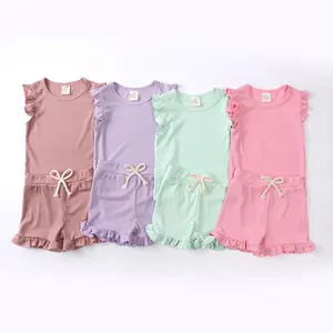 Tùy Chỉnh Mùa Hè Quần Áo Trẻ Em Gân Đồng Bằng Cotton Dệt Kim Bé Ruffle Không Tay T-Shirt Và Quần 2Pcs Set Romper Phù Hợp Với