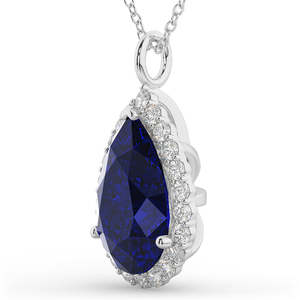 Collier pendentif Halo en saphir bleu et diamants, or blanc 14 carats, 8,34 carats, forme poire, chaîne gourmette, perle d'eau douce, matériau or rose - Product Image 1