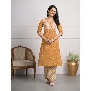 Yellow Cotton <b>Block</b> <b>Printed</b> Salwar Kameez Pant Set of 2 Elegant <b>Printed</b> Cotton Pant with Kameez - Product Image 1