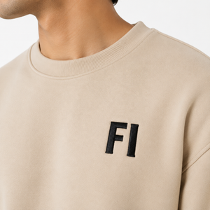 Men's Beige Crew Neck Sweatshirt Drop Shoulder Hoodies Fleece Regular Fit Solid Color Front Logo <b>Tracksuit</b> and Jogger Set B2B - Product Image 5