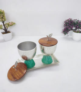 Nickel Plated Hammered Aluminum Nut <b>Bowl</b> Date <b>Bowl</b> <b>with</b> Wooden <b>Lid</b> and resin Base New Concept Premium High Quality <b>Bowls</b> Set/2 - Product Image 3