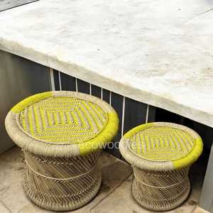 New Boho Pouffe Bone Inlay Console Natural Bamboo Ottoman Wicker Set Handwoven Multipurpose Patio Furniture for School - Product Image 3