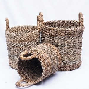 Ensemble de paniers de rangement en écorce de bananier naturelle, tressage diagonal épais, poignée en arche, pot cylindrique, décoration artistique pure pour la maison - Product Image 1