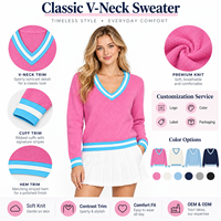 Pull en laine à col en V pour femme FNJIA, rose, bleu, blanc, avec bordure à rayures contrastées, vêtements de travail, fournisseur en gros de tricots personnalisés OEM