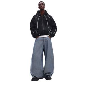 Sweat à capuche zippé en polaire épais pour homme avec surpiqûres contrastées, coupe ample, sweat à capuche zippé écologique - Product Image 3