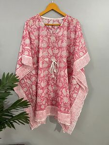 Caftán de algodón de verano para mujer, Vestido corto y largo con estampado de bloques indios, vestidos informales para dormir de noche, Top con estampado de flores - Product Image 3