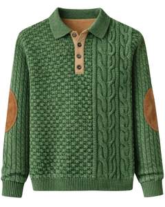 Customized Mens Mixed Texture <b>Cable</b> <b>Knit</b> Polo <b>Sweater</b> Long Sleeve Button Neck Winter Pullover With Elbow Patch In Forest Green - Product Image 1