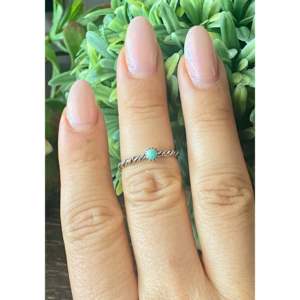 Navajo Made Gemstone <b>Ring</b> <b>with</b> Turquoise & Sterling <b>Silver</b> Size 6.75 Rhodium Plated Rope Design Everyday Wear Wedding Suitable - Product Image 2