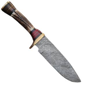 Couteau de poche à lame fixe en acier Damas fait main, manche en corne de cerf, lame pleine, qualité industrielle, couteau de survie en plein air, cuir OEM - Product Image 5