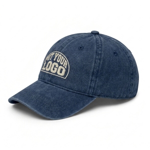 Premium Custom Embroidery Logo Washed Denim <b>Navy</b> Blue 6 Panel Curved Brim Dad <b>Hat</b> Baseball Cap Vintage Streetwear OEM - Product Image 2