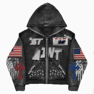 Sudadera con Capucha Personalizada de Estilo Urbano con Pedrería, Estampado, Talla Grande, Felpa Francesa Gruesa, Estilo Vintage, Lavado Ácido, Desgastada - Product Image 5