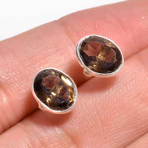 Pendientes de tuerca finos con forma de amante clásico de Plata de Ley 925, piedras preciosas de cuarzo ahumado, regalo de aniversario y fiesta para ella - Product Image 3