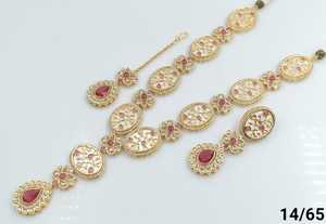 Fleur et ovale élégant Kundan indien fantaisie traditionnel ton or Kundan perle Long collier boucle d'oreille ensemble avec Mangtikka femmes fille - Product Image 3