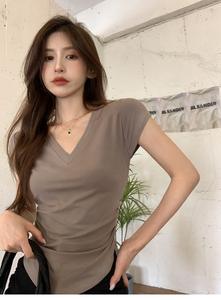 Oem Customized Design Summer New Casual <b>V</b>-<b>neck</b> Waist Slimming Flying Sleeves Curved Hem Solid Color Knitted Front Women <b>T</b>-<b>shirt</b> - Product Image 3