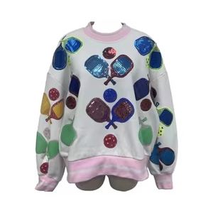 Sweat-shirt à col rond pour femme, 100% coton, de haute qualité, personnalisé, avec broderie de paillettes, décontracté, pour le sport et les tenues de tous les jours - Product Image 1