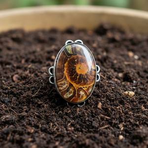 แหวนอัมโมไนต์พลอยแท้ งานแฮนด์เมด ชุบเงินแท้ สไตล์วินเทจ - Product Image 1